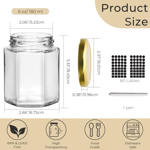 30 Pack 6 oz Clear Hexagon Glass Jars with Gold Lids (30 Count)