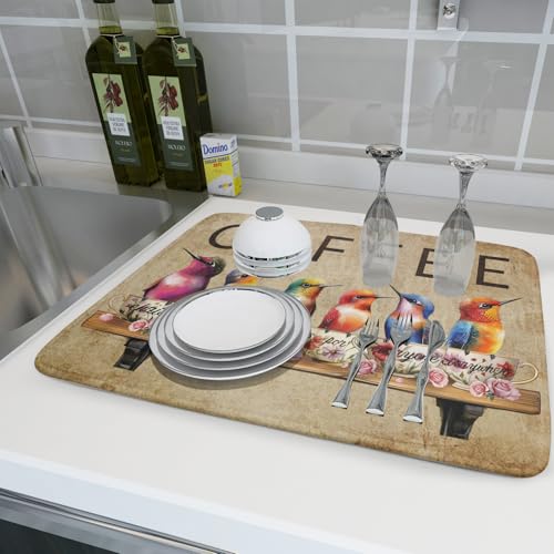Retro Birds Dish Drying Mat Cups Coffee Mat for Counter Home Coffee Bar Decor Large