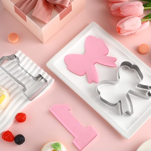 Pink Bow Birthday Party Supplies 2 Pcs 5 Inch Bow Cookie Cutter Number One Cookie Cutter Baking Mold Metal Sandwich Pancake Fondant Cake Mold First Birthday First Anniversary Wedding Party (2 Count)