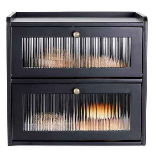Bread Box for Kitchen Countertop Wooden Bread Storage Container Bin 2 Layer Breadbox Holder Large Capacity Keeper Vintage Farmhouse Food Organizer Pantry Shelf Acrylic Window（Black）