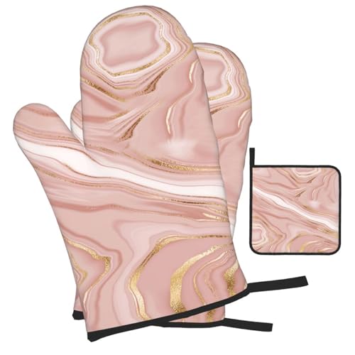 Pink Golden Marble Oven Mitts and Pot Holders Sets of 3 (3 Count)