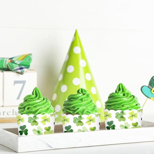 100Pcs St. Patrick's Day Paper Baking Cups Cupcake Wrappers Watercolor Green Shamrock Clover Scalloped Edge Cupcake Muffin Cases for Irish Dessert Decoration (100 Count)