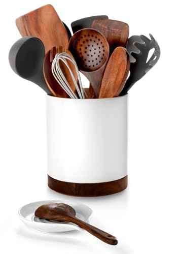 Ceramic Rotating Utensil Holder with Spoon Rest for Kitchen Counter White