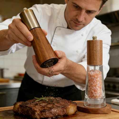 Wooden Salt and Pepper Grinder Set with Base And Acrylic Body Pepper Mill