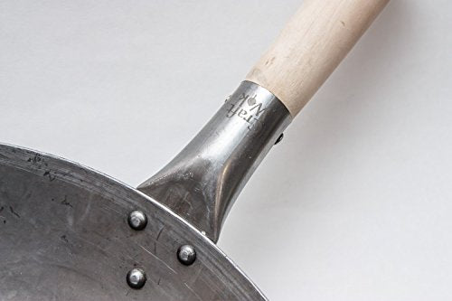Flat Hand Hammered Carbon Steel Pow Wok with Wooden and Steel Helper Handle