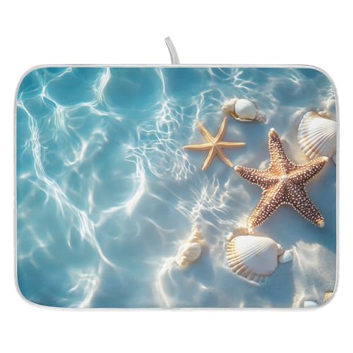 Starfish and Seashell on The Summer Beach Dish Drying Mat for Kitchen Counter Absorbent Microfiber Large Drying Pad Dish Mats for Kitchen Countertops 18 x 24 Inch