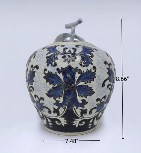 Blue and White Porcelain Tea Canister with Ginger Leaf Lid