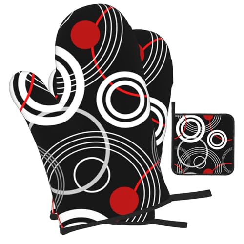 Modern Black Red Retro Oven Mitts and Pot Holders Sets of 3 (3 Count)