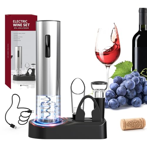 5-in-1 Electric Wine Opener Set Rechargeable Stainless Steel Automatic Corkscrew Wine Bottle Opener Set with Foil Cutter, Wine Aerator Pourer, Vacuum Wine Stopper and Storage Base, Silver