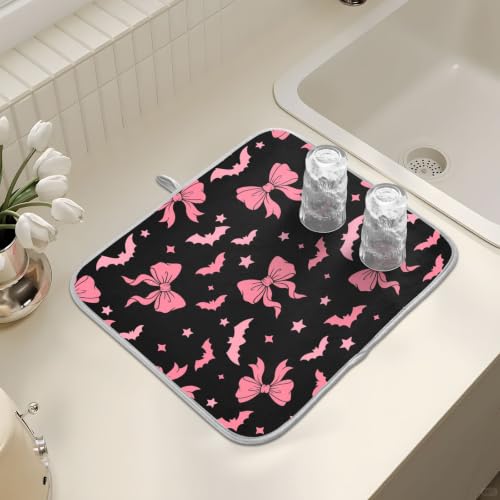 Halloween Dish Drying Mat for Kitchen Counter Absorbent Microfiber Large Drying Pad Pink Bat Bow Dish Mats for Kitchen Countertops 18 x 24 Inch