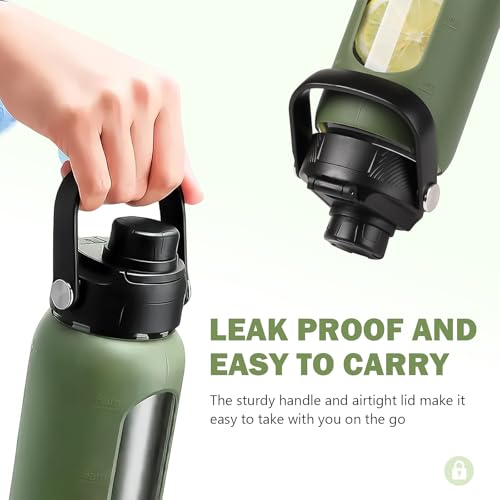 32 oz Glass Water Bottle with Straw and 2 Lids