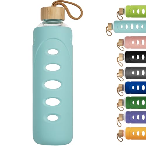32 oz Narrow Mouth Glass Water Bottle with Windowed Silicone Sleeve