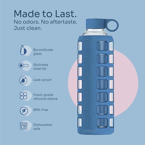 40oz / 32oz / 22oz / 12oz Borosilicate Glass Water Bottle with Time & Volume Markers, Silicone Sleeve, Stainless Steel Lid – Reusable Glass Bottle for Water & Juice (32oz Chinese Porcelain)