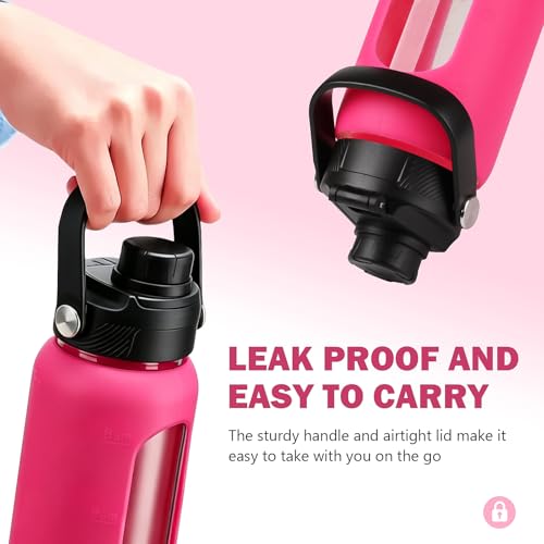 32 oz Glass Water Bottle with Straw and 2 Lids