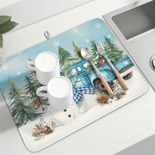 Winter Snowman Blue Dish Drying Mat Xmas Truck Dishes Pad 18"x24" Microfiber Absorbent Drainer Rack Mats Protector for Kitchen Counter Sink