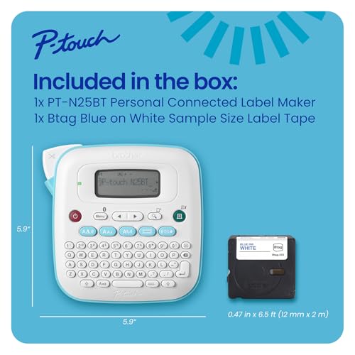 P-Touch PT-N25BT Personal Connected Label Maker, Bluetooth, Design&Print2 app, Portable, Handheld and Prints with P-Touch Btag½â€ (12mm) Wide Color Label Tapes