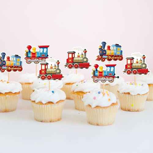 24Pcs Transportation Trains Cupcake Toppers Cartoon Vintage Locomotiv Cupcake Picks for Retro Train Boys Girls Funny Birthday Party Baby Shower Cupcake Decorations Train Transportation Party Decors (24 Count)