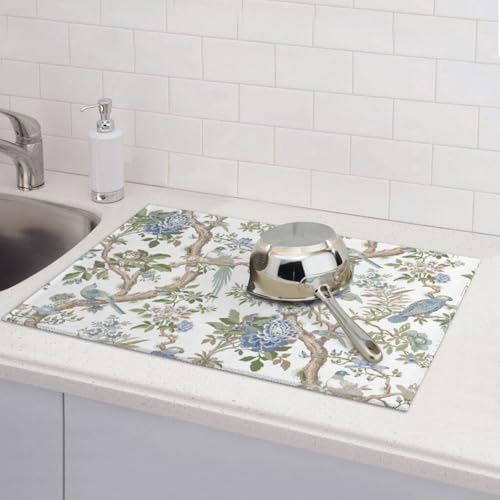 Floral Bidrs Dish Drying Mat 18x24 for Kitchen Counter