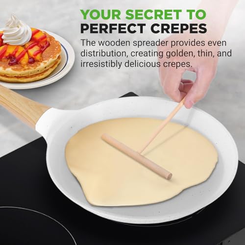 2-Pack Non-Stick Crepe Pan Set, 9.4" Marble Coated Dosa Pans with Wooden Spreaders, Bakelite and Wood Handles, Induction-Compatible, Dishwasher Safe, Even Heat Distribution, White Cream (2 Count)