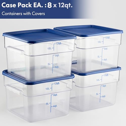 8 Pack 12 Qt NSF Clear Polycarbonate Food Storage Containers with Blue Lids (8 Count)