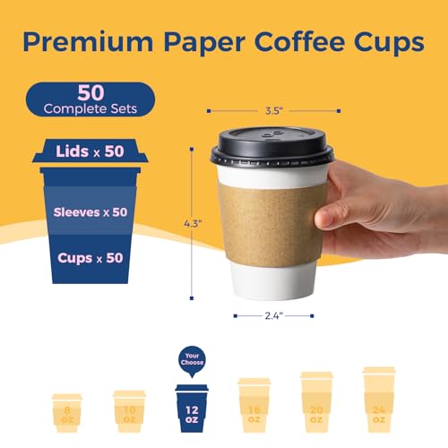 50 Pack 12 oz Disposable Coffee Cups with Lids (50 Count)