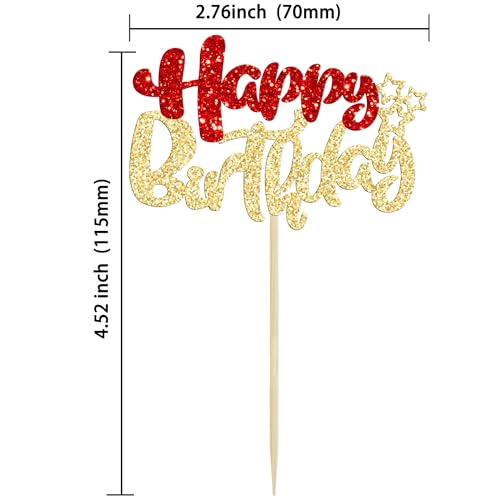 24Pcs Happy Birthday Cupcake Toppers Double Layer Glitter Happy Birthday Cake Decorations for Christmas Theme Baby Shower Anniversary Party Decorations Supplies Red Gold (24 Count)