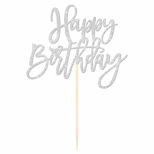 1 PCS Happy Birthday Cake Topper Glitter Happy Birthday Cake Pick for Celebrating Happy Birthday Anniversary Theme Party Cake Decorations Supplies Silver