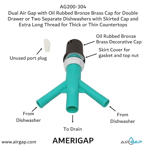 Dual Air Gap with Oil Rubbed Bronze Brass Cap for Double Drawer or Two Separate Dishwashers with Skirted Cap and Extra Long Thread for Thick or Thin Countertops