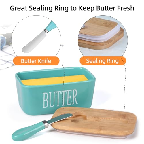 Ceramic Butter Dish with Bamboo Lid and Stainless Steel Knife Spreader