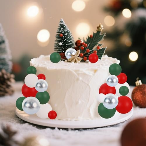 40 Pcs Ball Cake Toppers Red Green White Silver Sticks Foam Balls DIY Cake Topper Insert Balls Cake Decorations for Baking Christmas Party Decorations (40 Count)
