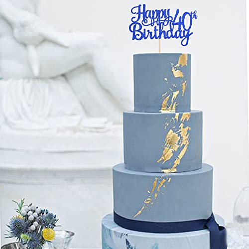 1 PCS Happy 40th Birthday Cake Topper Glitter Cheers to 40 Years Birthday Cake Pick 40 Fabulous Cake Decoration for Happy 40th Birthday Anniversary Party Decorations Supplies Blue