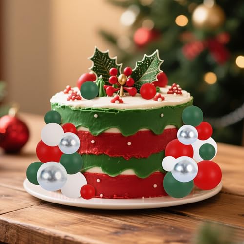 40 Pcs Ball Cake Toppers Red Green White Silver Sticks Foam Balls DIY Cake Topper Insert Balls Cake Decorations for Baking Christmas Party Decorations (40 Count)