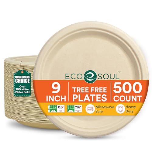 9 Inch Disposable Bagasse Paper Plates (500 Count)