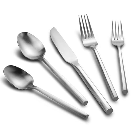 Silverware Set Matte Silver Hexagon Handle 20 Piece Service for 4