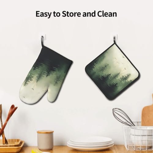 Green Misty Forest Oven Mitts and Pot Holder Set of 2 Mountain Woodland Heat Resistant Kitchen Gloves Hot Pad for Baking Cooking Microwave