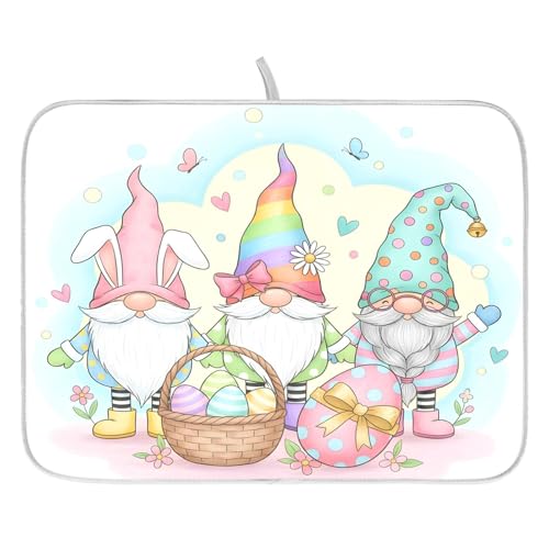 Colorful Easter Cute Gnomes Dish Drying Mat for Kitchen Counter Absorbent Microfiber Small Drying Pad Dish Mats for Kitchen Countertops 16 x 18 Inch