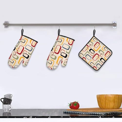 Mid Century Modern Retro Oven Mitts and Pot Holders Sets of 3 Vintage Decorative Heat Resistant Non Slip BBQ Gloves for Cooking Grilling Baking Kitchen Decor (3 Count)