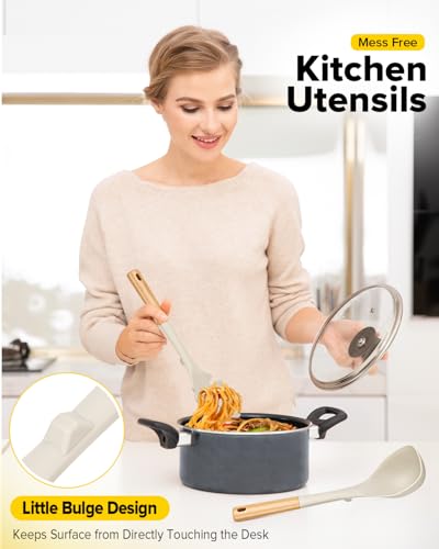 Silicone Soup Ladle and Pasta Spoon Set with Wooden Handle (2 Count)