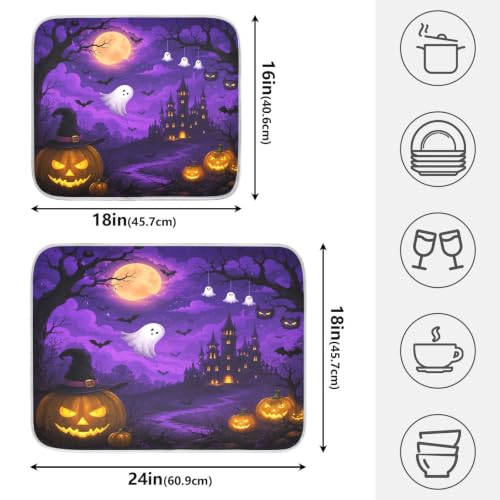Halloween Scary Night Pumpkin Lanterns Purple Castle Dish Drying Mat for Kitchen Counter Absorbent Microfiber Small Drying Pad Dish mats for Kitchen Countertops 16 x 18 Inch