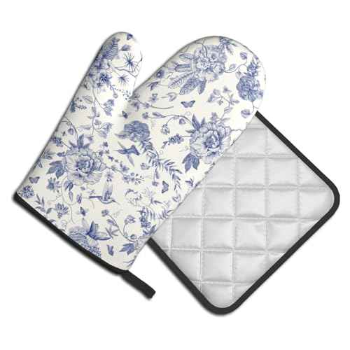 Chinoiserie Flower Oven Mitts and Pot Holder Blue Leaves Heat Resistant 2Pcs Washable Oven Gloves Hot Pads for Kitchen Baking Grilling BBQ