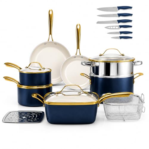 20pcs Pots and Pans Set Non Stick Ceramic Cookware Set with Deep Frying Pan Set & 6pc Knife Set