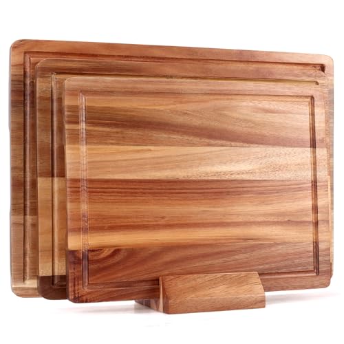 Extra Large Acacia Wood Cutting Board Set of 3 Wooden Chopping Board With Holder Fruit Cutting Boards Charcuterie Boards for Kitchen Bread Cheese Serving Board Meat Cutting Board Carving Board (3 Count)
