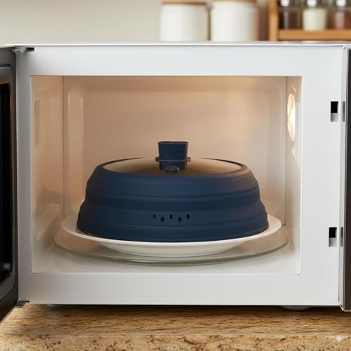 Microwave Splatter Cover Glass Microwave Cover for Food Collapsible Splatter Guard Lid with Silicone Handle for Pot Plate Bowl 9.8 Inch Blue