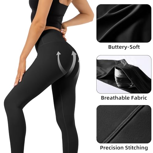 High Waist Butt Lifting Leggings for Women Buttery Soft Breathable Yoga Pants with Hidden Pocket Tummy Control Gym Black