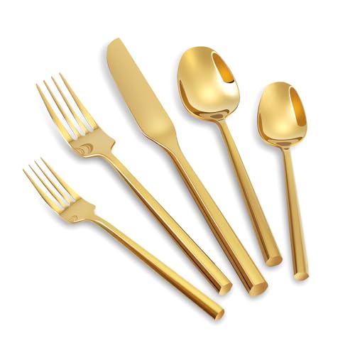 Gold Silverware Set with Hexagon Handle 20 Pieces Service for 4 (4 Count)