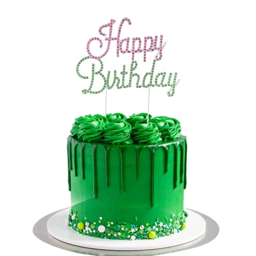 Happy Birthday Cake Topper Pink & Green Rhinestones Witch MovieThemed Cake Topper for Birthday Party Decorations