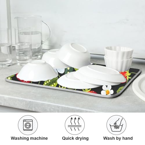 Strawberries White Flowers Dish Drying Mat for Kitchen Counter Absorbent Microfiber Drying Pad