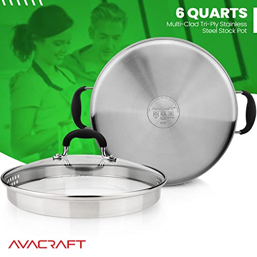 6 Quart Tri Ply Stainless Steel Stock Pot with Glass Strainer Lid