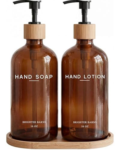 Amber Glass Soap and Lotion Dispenser Set with Tray by Brighter Barns (2 Count)
