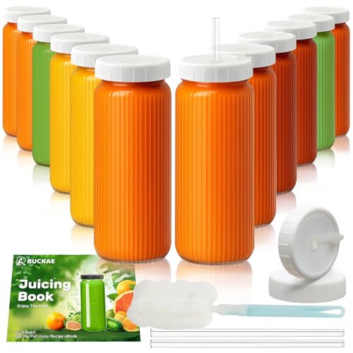 12pack Stripe 16oz Glass Juice Bottles with Lids & Straws & Juicing Recipe (10 Count)